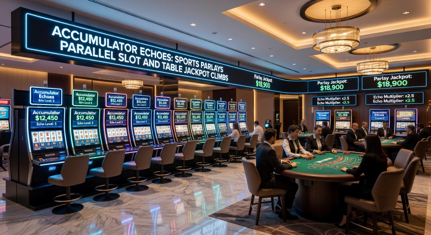 Close-up of a sports parlay ticket next to a glowing progressive jackpot display on a slot machine, with roulette wheel and blackjack table in the background, illustrating interconnected betting excitements