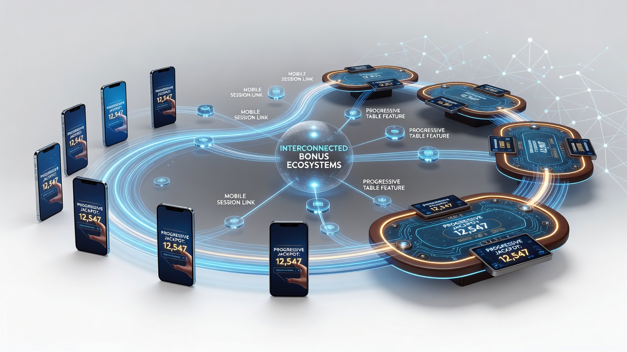 Diagram showing data flows between mobile sessions, progressive table meters, and event wager triggers in an integrated bonus ecosystem
