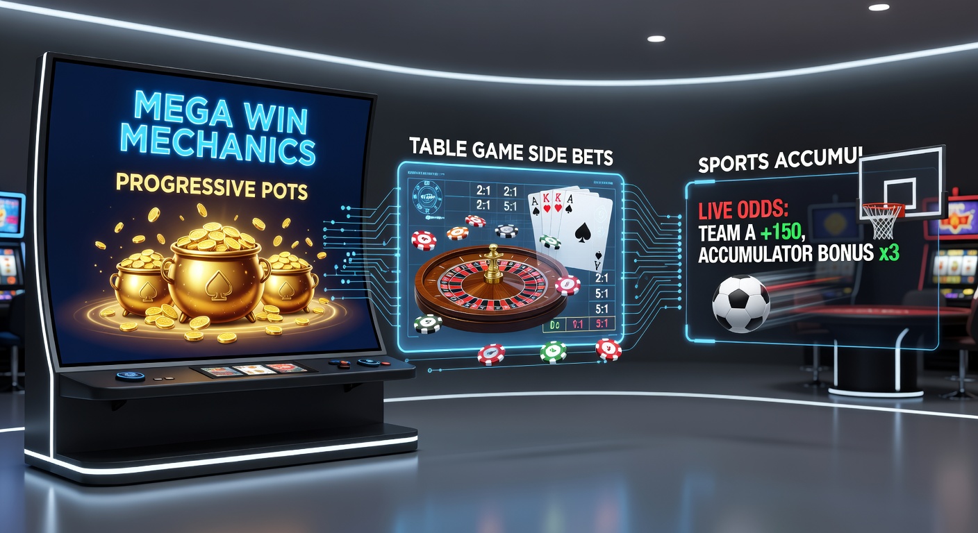Close-up of a blackjack table with glowing side bet progressive meter beside slot jackpot display and sports accumulator odds board, illustrating interconnected win paths