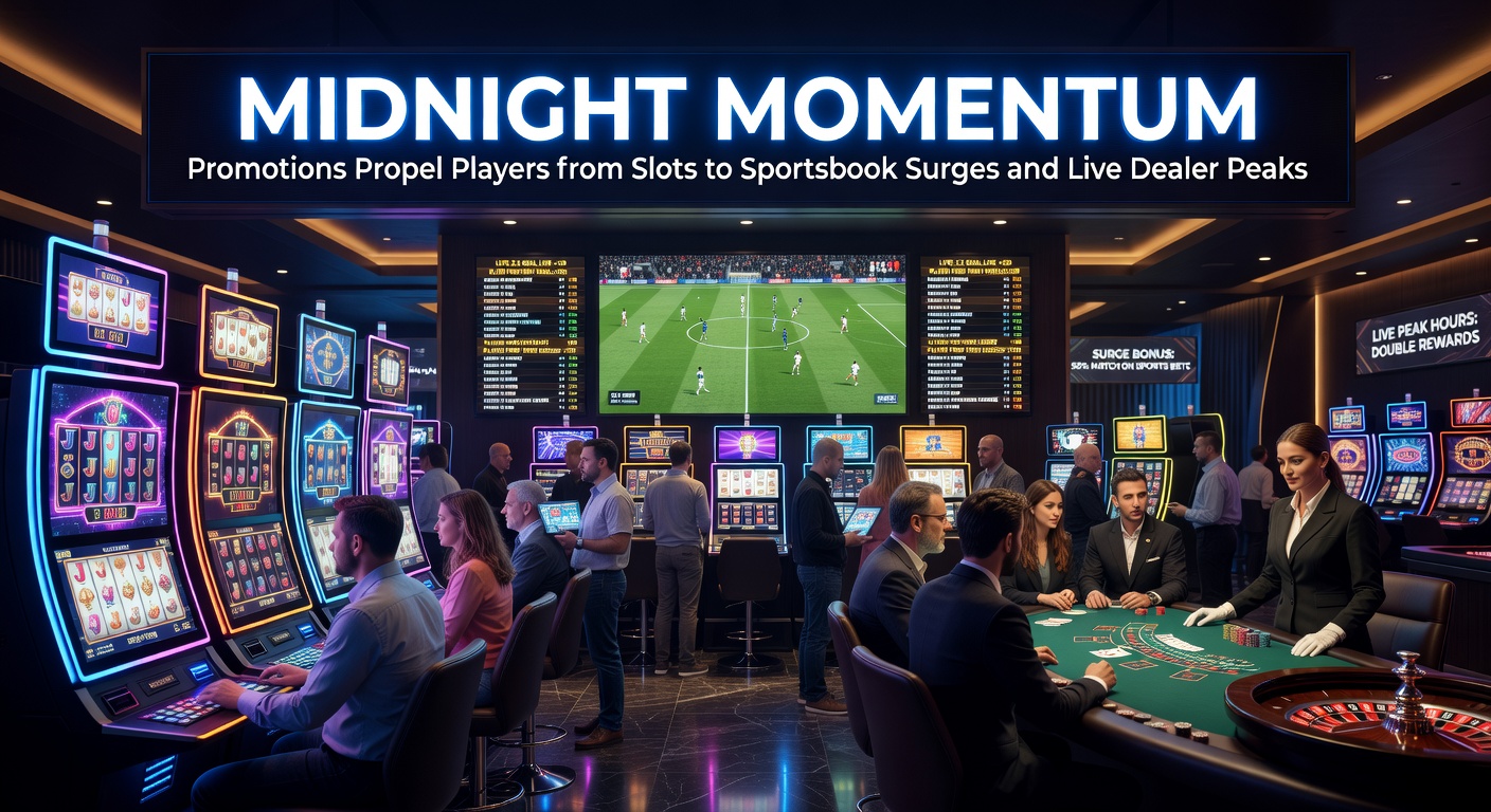 Dynamic split-screen of slot reels spinning into sports betting odds and live dealer roulette wheel under midnight promotion banners