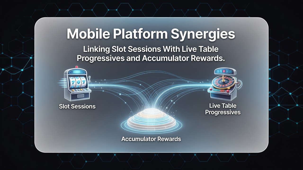 Illustration of mobile app interface showing linked progressive meters across slots and live tables with accumulator counters