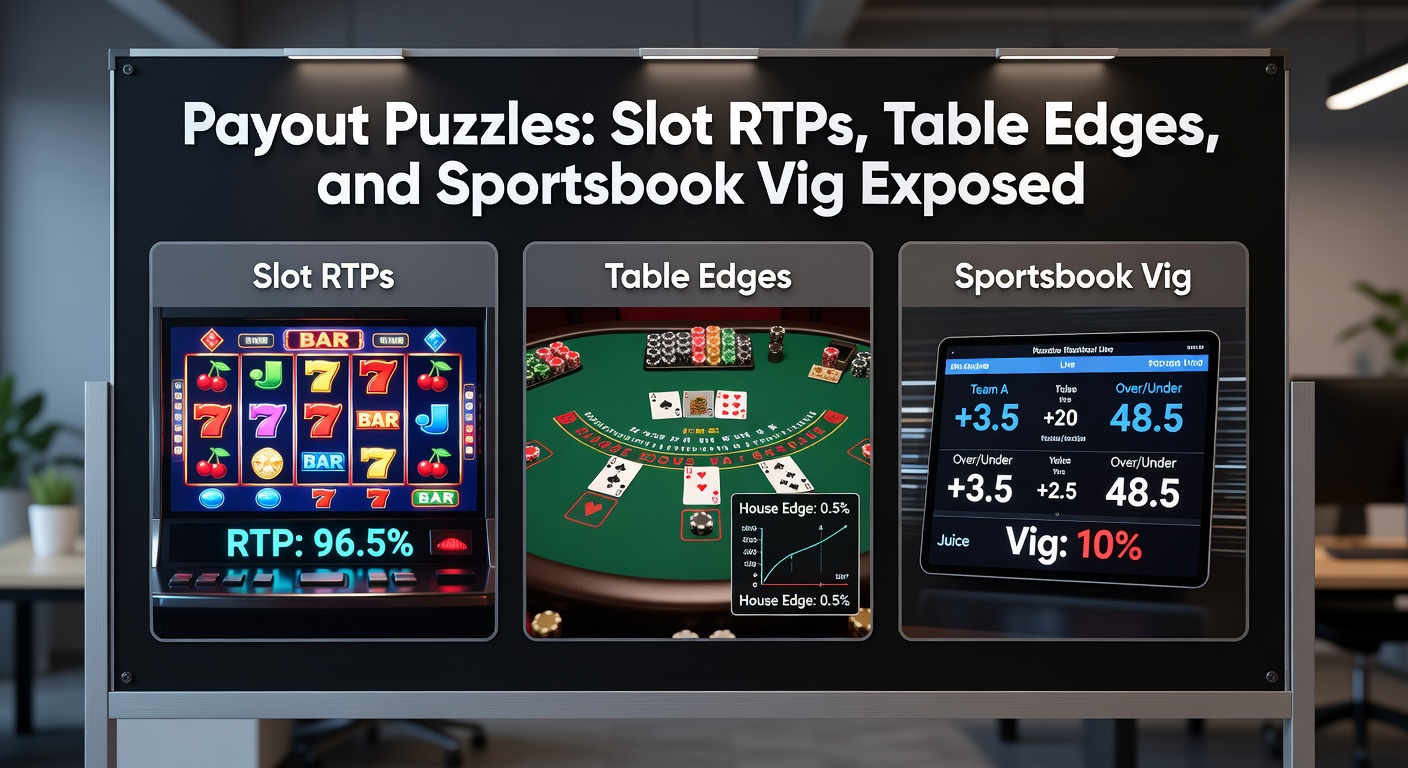 Close-up of blackjack table with chips and cards, overlaid with house edge percentages for different rule sets