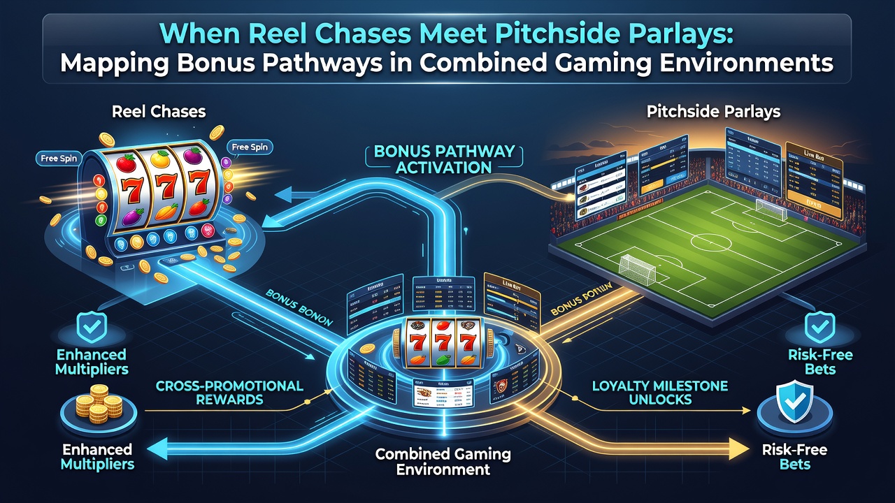Diagram mapping bonus conversion routes between casino reels and sports parlays in a unified interface